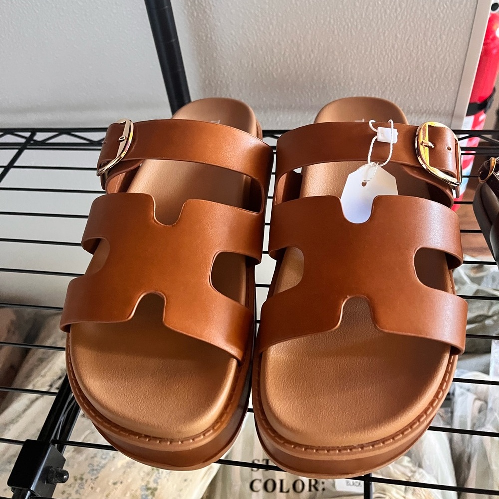 Brown Leather Slide Sandals